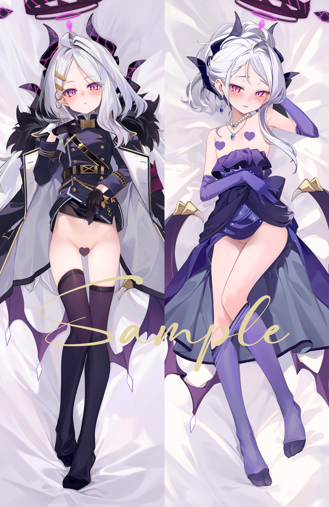 1girl armband bare_shoulders bed_sheet black_gloves black_jacket black_skirt black_thighhighs blue_archive blush censored closed_mouth clothes_lift clothes_pull comiket_104 commentary_request dakimakura_(medium) dress dress_pull elbow_gloves forehead fur-trimmed_jacket fur_trim gloves grey_hair groin hair_ornament hairclip halo hand_up heart heart_censor hina_(blue_archive) hina_(dress)_(blue_archive) horns jacket jacket_on_shoulders long_hair long_sleeves looking_at_viewer low_wings lying multiple_views no_panties no_shoes on_back pantyhose pantyhose_pull parted_bangs parted_lips pencil_skirt purple_dress purple_eyes purple_gloves purple_pantyhose purple_wings sample_watermark shirokitsune skirt skirt_lift smile strapless strapless_dress thighhighs very_long_hair watermark wings