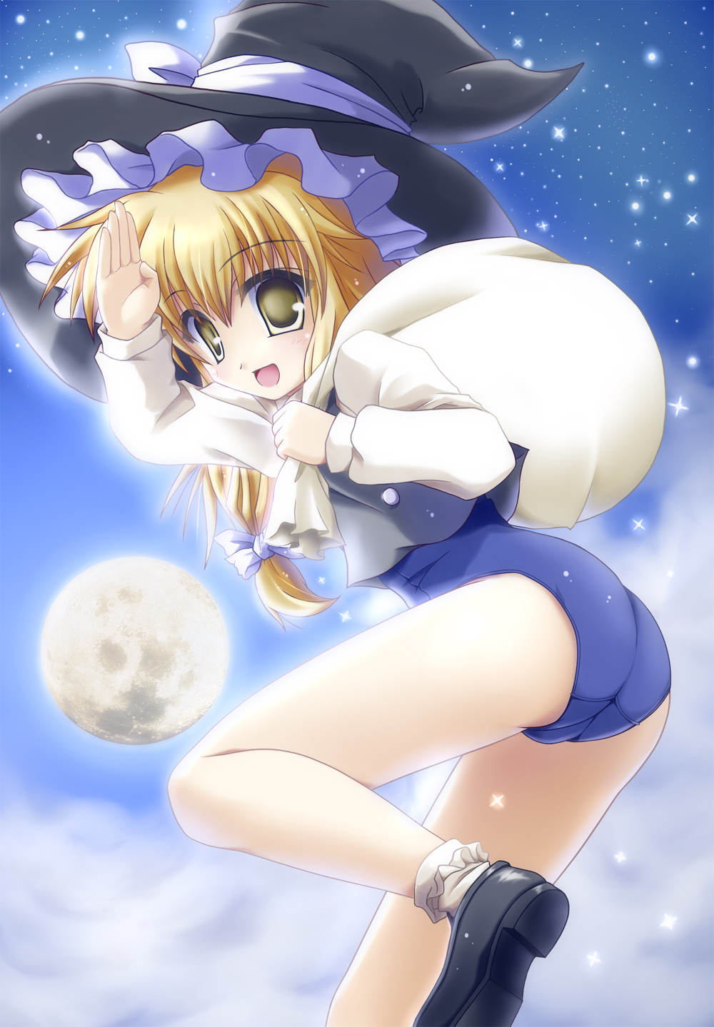 1girl ass blonde_hair bobby_socks bottomless female_focus full_moon gradient_background hat hat_ribbon highres iwaki_hazuki kirisame_marisa moon no_pants one-piece_swimsuit outdoors ribbon ruffled_legwear sack salute school_swimsuit sky smile socks solo sparkle swimsuit swimsuit_under_clothes touhou trefoil witch witch_hat yellow_eyes