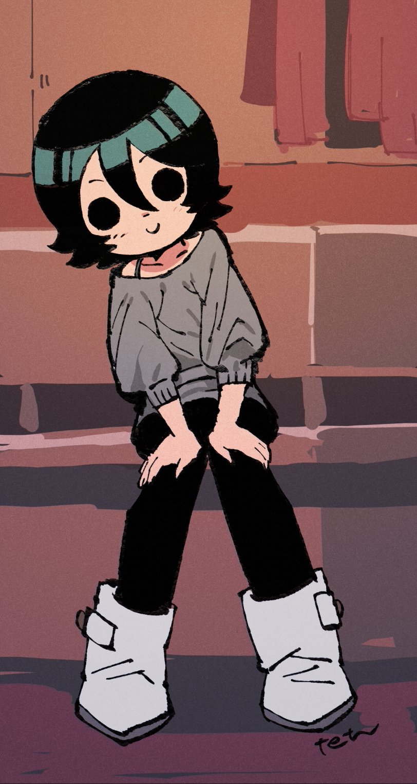 1girl bare_shoulders black_eyes black_hair boots closed_mouth full_body hair_between_eyes highres indoors knives_chau leggings looking_at_viewer scott_pilgrim_(series) short_hair signature sitting smile solo sweater tetsu_(teppei) white_footwear