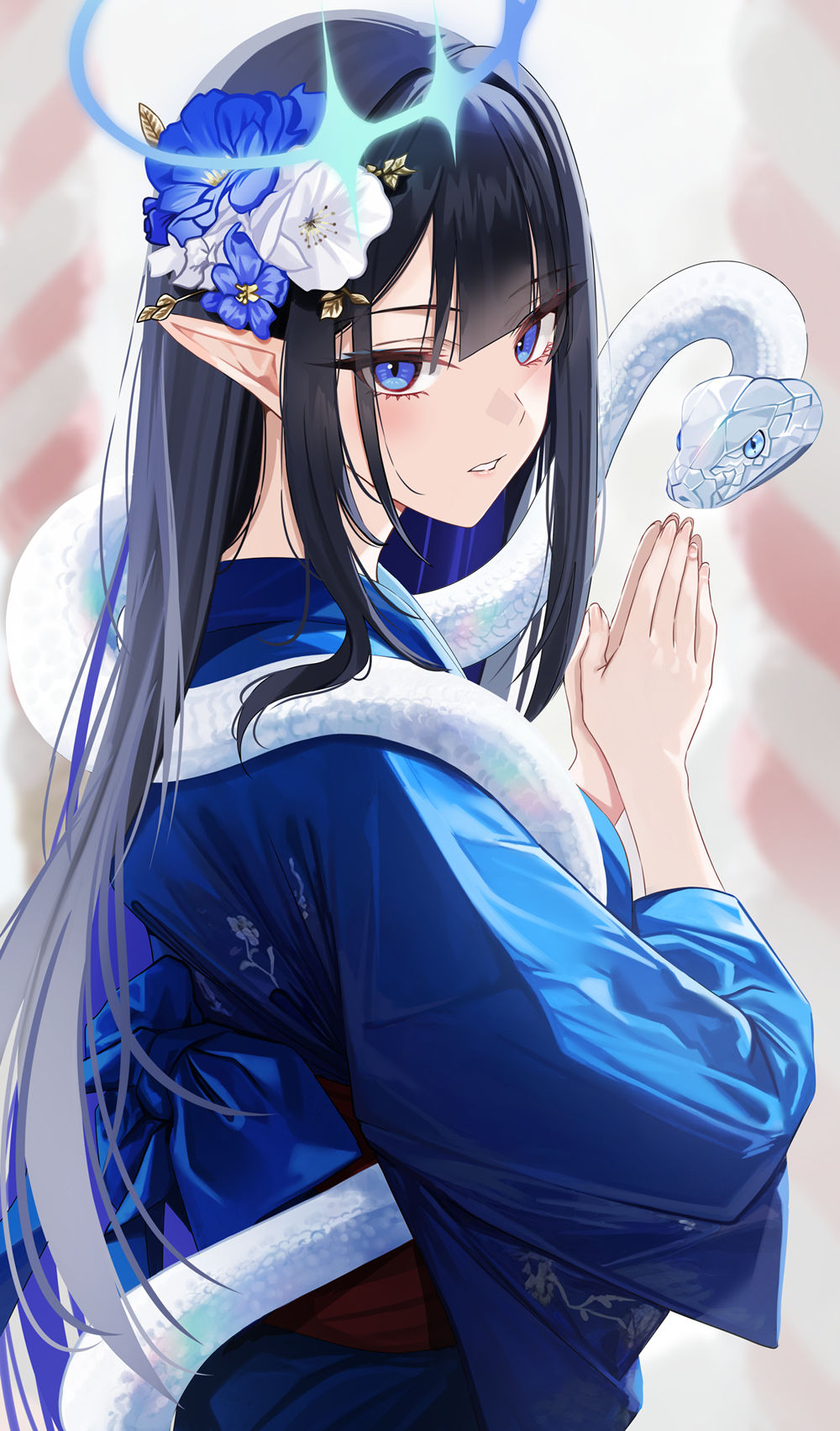 1girl black_hair blue_archive blue_eyes blue_hair blue_kimono blush breasts colored_inner_hair earrings eyeliner halo highres japanese_clothes jewelry kimono long_hair looking_at_viewer makeup multicolored_hair nicky_w pointy_ears rin_(blue_archive) snake solo very_long_hair