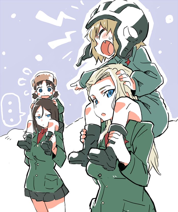 ... 10s 4girls black_hair blonde_hair blue_eyes boots breasts brown_hair carrying clara_(girls_und_panzer) closed_eyes commentary_request fang fur_hat girls_und_panzer hair_between_eyes hand_on_another&#039;s_head hat helmet hibimegane holding_legs jacket katyusha_(girls_und_panzer) large_breasts looking_at_breasts looking_to_the_side low_twintails military military_uniform multiple_girls nina_(girls_und_panzer) nonna_(girls_und_panzer) open_mouth parted_bangs piggyback pleated_skirt pointing shoulder_carry sketch skirt snow spoken_ellipsis spoken_sweatdrop sweatdrop tank_helmet twintails ushanka wide-eyed