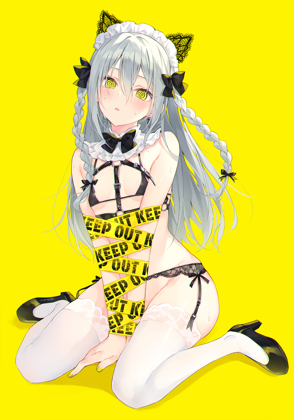 1girl @_@ animal_ears bare_shoulders bdsm between_legs bikini bikini_top_only black_bikini black_footwear bottomless bow bowtie braid cat_ears caution_tape fake_animal_ears garter_belt garter_straps grey_hair groin hair_between_eyes hair_bow harness high_heels highres lace lace-trimmed_legwear lace_trim long_hair looking_at_viewer maid_headdress micro_bikini original parted_lips pumps rurudo simple_background sitting skindentation solo strap sweat swimsuit thighhighs twin_braids two_side_up v_arms wariza white_thighhighs yellow_background yellow_eyes