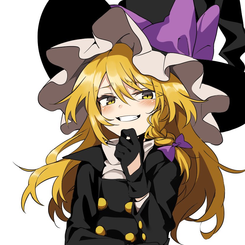 1girl bad_id bad_twitter_id black_gloves black_hat blonde_hair blush bow braid buttons gloves grin hair_bow hat hat_bow kirisame_marisa long_hair long_sleeves manarou simple_background single_braid smile smug solo touhou upper_body white_background witch_hat yellow_eyes