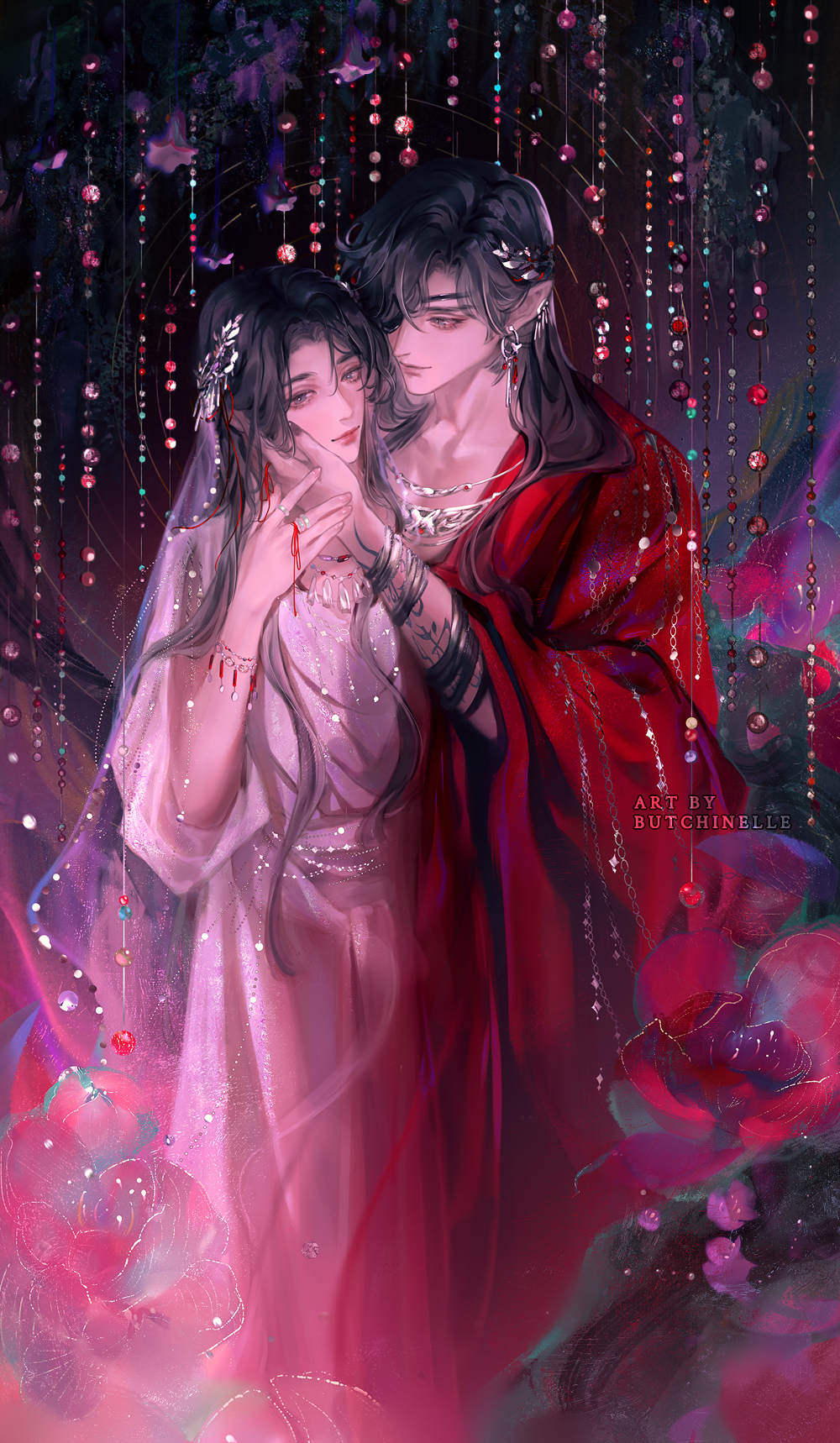 2boys armlet artist_name bishounen black_hair brown_hair butchinelle chinese_clothes couple dark_background earrings eyepatch flower hair_ornament half_updo hand_on_another&#039;s_face hanfu highres hua_cheng jewelry leaf_hair_ornament long_hair long_sleeves male_focus multiple_boys multiple_rings night orchid outdoors pink_flower pointy_ears ring smile standing string string_around_finger string_of_fate tianguan_cifu tree very_long_hair watermark wide_sleeves xie_lian yaoi