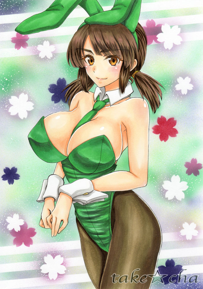 1girl animal_ears armpits artist_name bare_arms bare_shoulders between_breasts black_pantyhose breasts brown_eyes brown_hair cleavage closed_mouth collarbone cowboy_shot detached_collar eyebrows fake_animal_ears female_focus floral_background green_necktie hairband large_breasts leotard lips looking_at_viewer low_twintails marker_(medium) mori_sonou necktie necktie_between_breasts pantyhose parted_bangs playboy_bunny rabbit_ears short_twintails sidelocks smile solo strapless strapless_leotard suzumiya_haruhi_no_yuuutsu takecha thick_eyebrows thighs traditional_media twintails wrist_cuffs