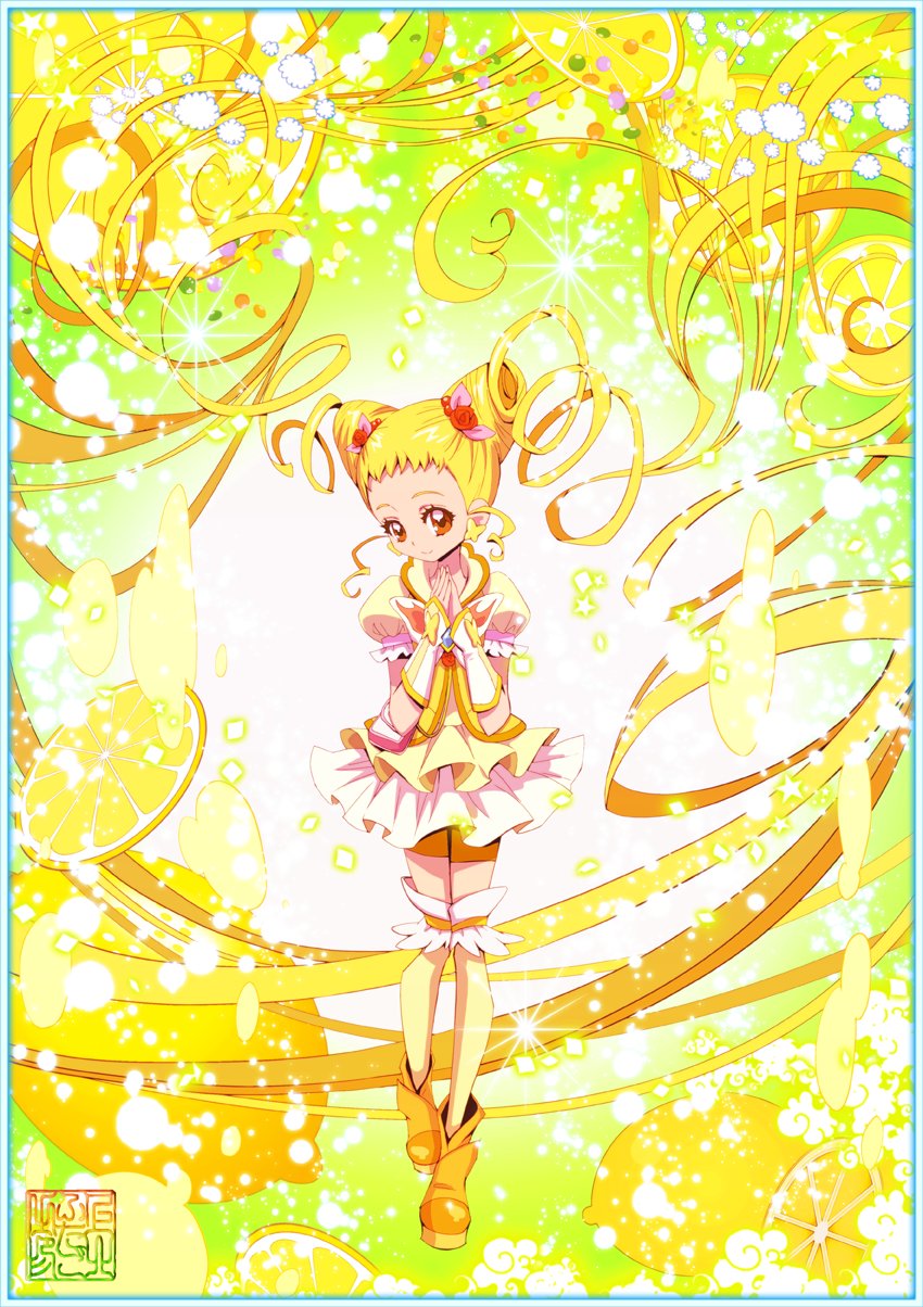 1girl blonde_hair commentary_request cure_lemonade drill_hair drill_sidelocks earrings eyelashes flower gradient_background hair_flower hair_ornament happy highres jewelry kamikita_futago kasugano_urara_(yes!_precure_5) long_hair looking_at_viewer magical_girl precure puffy_short_sleeves puffy_sleeves ribbon shirt short_sleeves sidelocks smile solo twintails vest yellow_background yellow_eyes yellow_vest yes!_precure_5 yes!_precure_5_gogo!