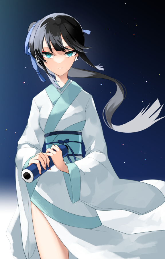 1girl aqua_eyes black_hair blue_sky chinese_clothes cowboy_shot earrings eyeliner fate/grand_order fate_(series) gradient_background hanfu jewelry jing_ke_(fate) makeup qujupao red_eyeliner sash sky solo ugetsu_(chimere/marie) white_hanfu