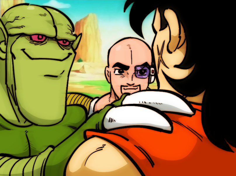 3boys akakichi_no_eleven akakichi_no_eleven_redraws armor bald black_eyes black_hair commentary cross_scar dougi dragon_ball dragonball_z english_commentary facial_hair facial_scar hand_on_another&#039;s_shoulder jinjango male_focus meme mountain multiple_boys mustache nappa parody red_eyes saibaiman scar scar_on_cheek scar_on_face scouter shoulder_armor smile yamcha