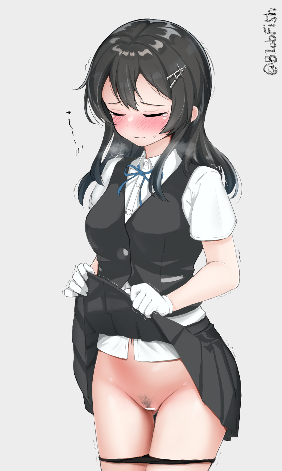 1girl bar_censor black_hair black_panties black_skirt black_vest blue_ribbon blush censored closed_eyes closed_mouth clothes_lift dress dress_lift female_pubic_hair gloves grey_background hair_ornament hairclip highres kantai_collection long_hair neck_ribbon nyuudou_kajika oyashio_(kancolle) panties panty_pull pleated_skirt pubic_hair pussy ribbon school_uniform shirt short_sleeves skirt skirt_lift steam sweatdrop tears twitter_username underwear vest white_gloves white_shirt