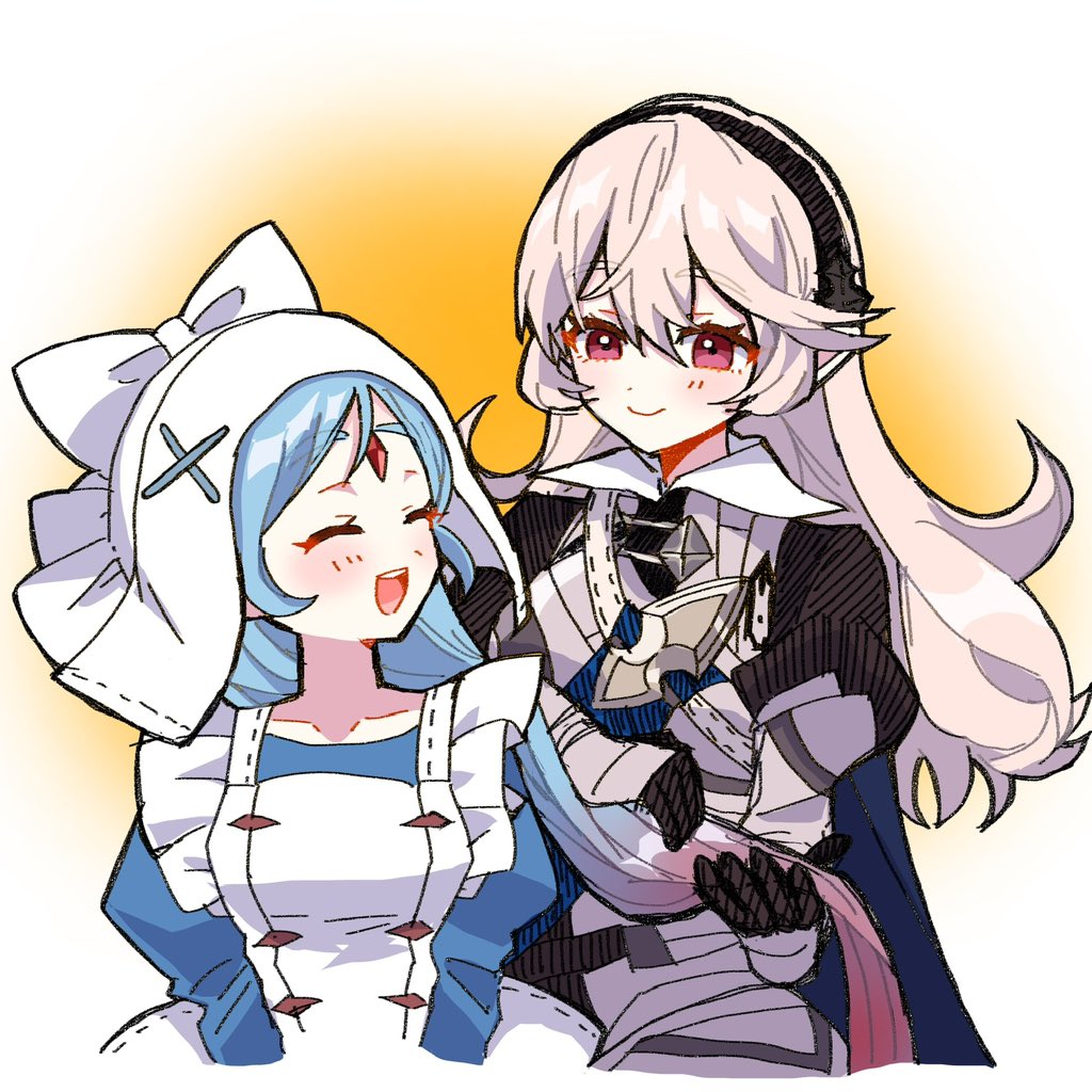 2girls apron armor armored_dress blue_hair blush cape closed_mouth collar corrin_(female)_(fire_emblem) corrin_(fire_emblem) facial_mark fire_emblem fire_emblem_fates grey_hair hair_ribbon hairband hand_in_another&#039;s_hair lilith_(fire_emblem) long_hair long_sleeves looking_at_another multicolored_hair multiple_girls nintendo open_mouth orange_background pointy_ears red_eyes ribbon shiro0239 smile two-tone_hair upper_body