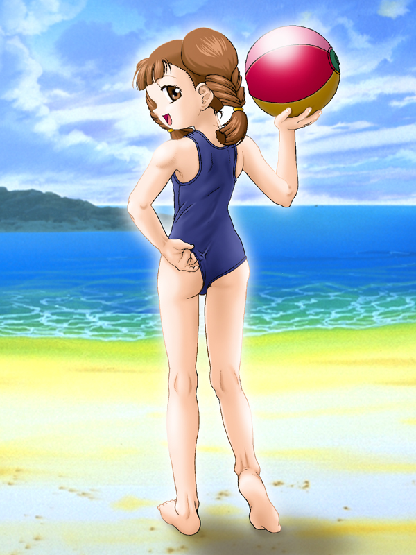 1990s_(style) 1girl adjusting_clothes adjusting_swimsuit ass ball beach beachball braid brown_eyes brown_hair cardcaptor_sakura child d-ten female_focus from_behind mihara_chiharu ocean one-piece_swimsuit retro_artstyle sand school_swimsuit solo swimsuit wedgie