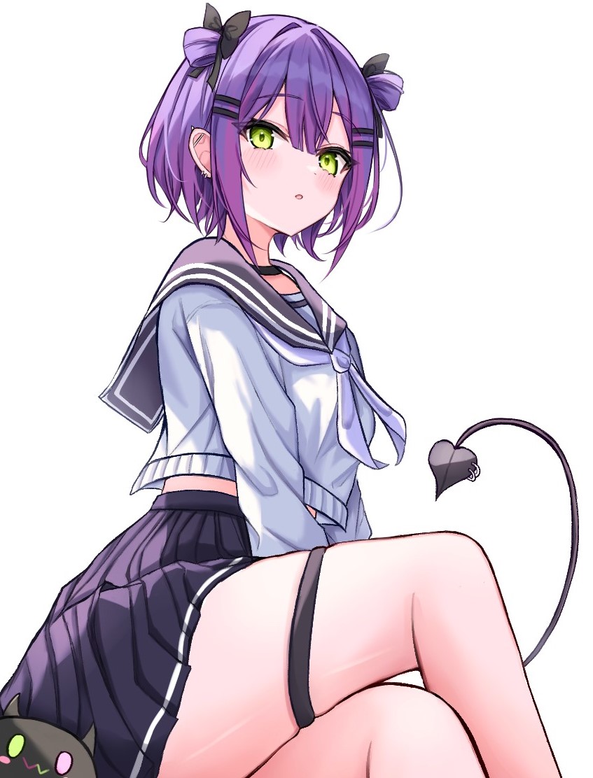 1girl bibi_(tokoyami_towa) black_bow black_choker black_sailor_collar blue_skirt blush bow choker demon_girl demon_tail ear_piercing green_eyes hair_bow hair_ornament hairpin hololive looking_at_viewer multicolored_hair piercing pink_hair purple_hair sailor_collar shirt short_hair skirt streaked_hair tail tail_ornament tail_piercing thigh_strap tokoyami_towa virtual_youtuber white_shirt yuzufu