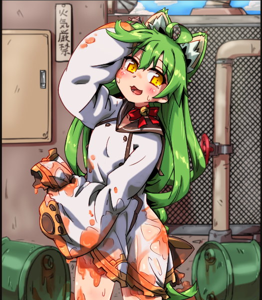 1girl akashi_(azur_lane) animal_ear_fluff animal_ears azur_lane blush blush_stickers breasts cloud fence green_hair hair_between_eyes hihachi industrial_pipe long_hair long_sleeves looking_at_viewer open_mouth outdoors sky solo translation_request yellow_eyes