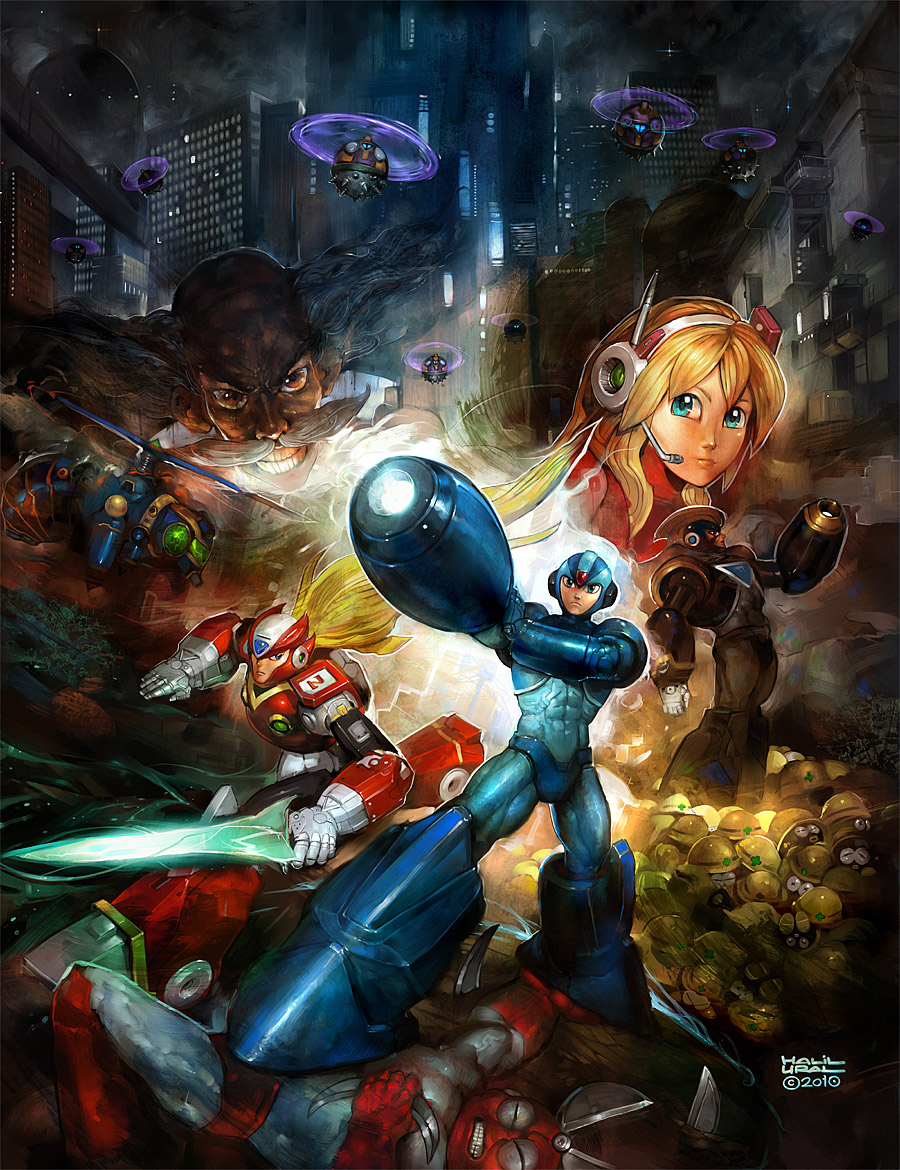 1girl 4boys aircraft alia_(mega_man) arm_cannon bass_(mega_man) capcom city cityscape cut_man dr._wily_(mega_man) energy_sword epic evil_grin evil_smile grin halil_ural helicopter mega_man_(classic) mega_man_(series) mega_man_1 x_(mega_man) mega_man_x_(series) met_(mega_man) multiple_boys smile sword weapon zero_(mega_man)