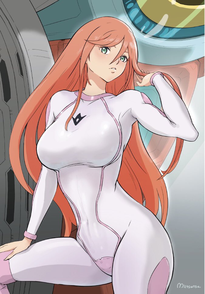 1girl aida_rayhunton bodysuit breasts covered_navel double_vertical_stripe frown g-self green_eyes gundam gundam_g_no_reconguista hair_down hand_on_own_knee holding holding_own_hair large_breasts looking_at_viewer mecha mitsutsu322 mobile_suit pilot_suit pink_bodysuit pink_hair robot solo white_bodysuit