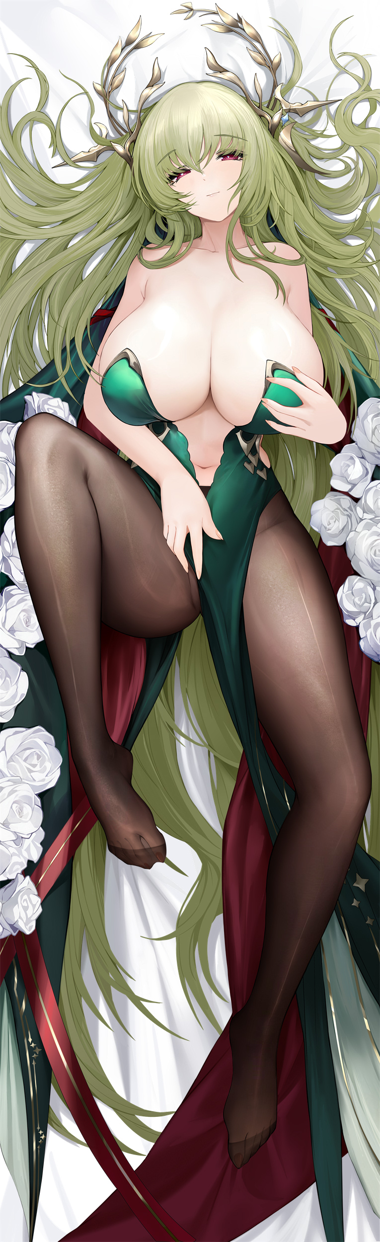 1girl absurdres azur_lane black_pantyhose blackcat_enjia breasts cleavage closed_mouth commentary_request dakimakura_(medium) flower full_body green_hair hair_branch hair_spread_out hand_on_own_chest highres huge_breasts knee_up long_hair looking_at_viewer napoli_(azur_lane) navel pantyhose plunging_neckline red_eyes rose solo very_long_hair white_flower white_rose