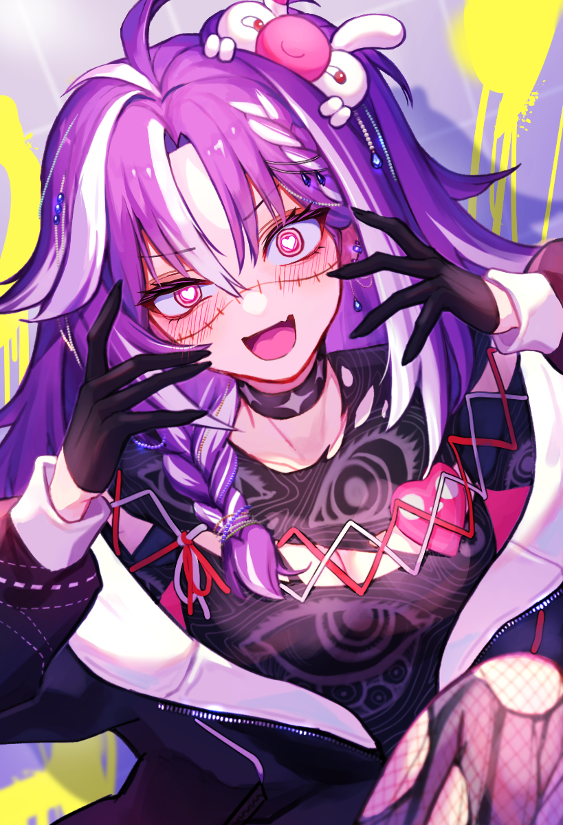 1girl black_choker black_gloves black_shirt breasts choker fang gloves heart heart-shaped_pupils highres jacket large_breasts long_hair long_sleeves looking_at_viewer michi_mochievee multicolored_hair open_mouth pink_eyes purple_hair shirt skin_fang smile solo stitched_face stitches symbol-shaped_pupils upper_body virtual_youtuber vshojo white_hair zen8ze