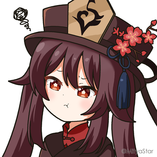 1girl :t brown_eyes brown_hair brown_hat brown_jacket closed_mouth commentary_request flower flower-shaped_pupils genshin_impact hat hat_flower hu_tao_(genshin_impact) jacket long_hair mitya pout red_flower red_shirt shirt simple_background solo squiggle symbol-shaped_pupils twintails twitter_username upper_body white_background