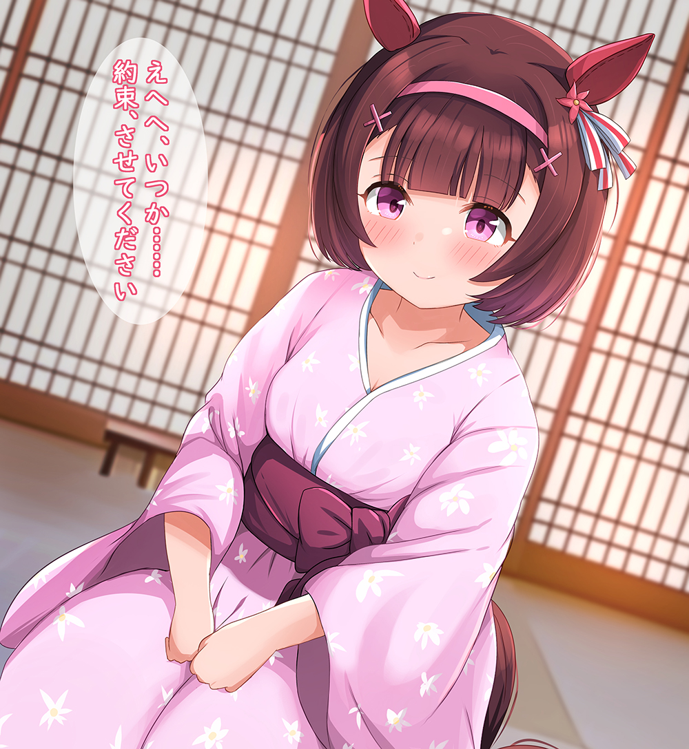 1girl alternate_costume black_hair blurry blurry_background blush breasts cleavage collarbone commentary_request hair_between_eyes hair_ornament headband horse_girl japanese_clothes kimono liukensama looking_at_viewer nishino_flower_(umamusume) seiza sitting small_breasts smile solo translated umamusume x_hair_ornament yukata