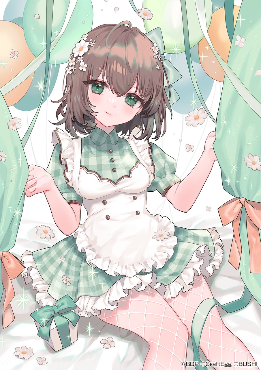 1girl apron balloon bang_dream! bow box breasts dress flower frilled_apron frilled_dress frills gift gift_box green_bow green_dress green_eyes hair_bow highres light_brown_hair looking_at_viewer medium_breasts medium_hair official_art puffy_short_sleeves puffy_sleeves saku_nosuke short_sleeves smile white_apron white_flower yamato_maya