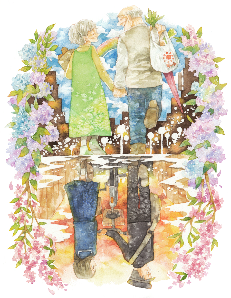 1boy 1girl age_progression aged_down bag bicycle blush braid brown_hair closed_eyes couple dual_persona flower framed gakuran hat hetero holding_hands ina_(gonsora) long_hair old old_man old_woman original painting_(medium) pale_color rainbow reflection school_uniform serafuku short_hair smile sunset traditional_media watercolor_(medium) white_hair