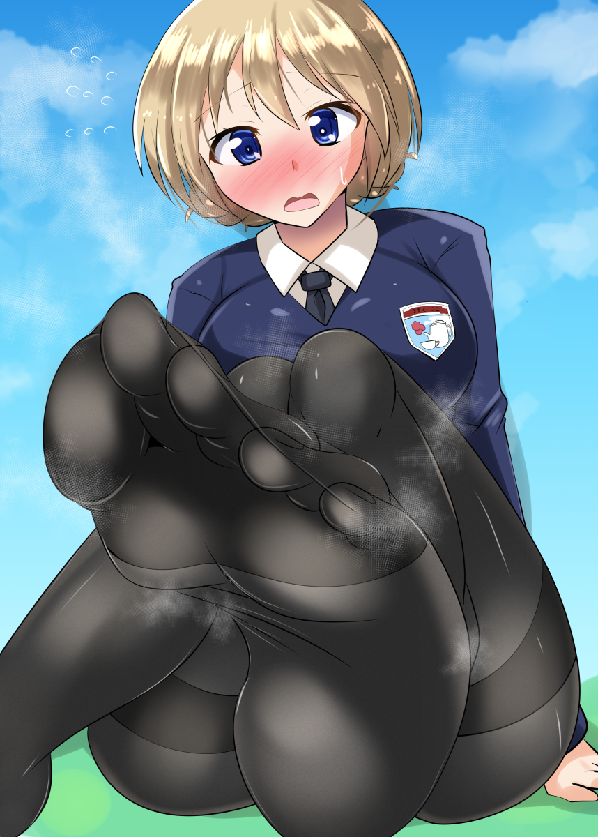 1girl black_necktie black_pantyhose blonde_hair blue_eyes blush breasts darjeeling_(girls_und_panzer) emblem feet girls_und_panzer highres large_breasts necktie nyx_(mebius_no_wa) open_mouth pantyhose school_uniform sitting smell soles solo st._gloriana&#039;s_(emblem) st._gloriana&#039;s_school_uniform sweat