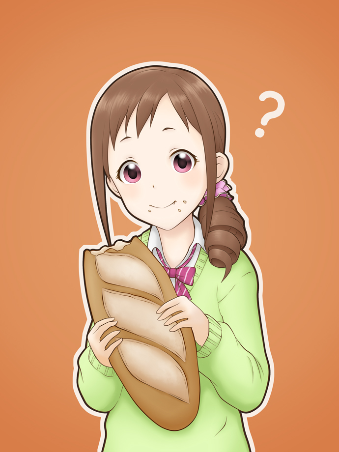 10s 1girl bad_id bad_pixiv_id bread brown_hair drill_hair eating fang female_focus food hair_ornament idolmaster idolmaster_cinderella_girls ohara_michiru pink_eyes solo upper_body