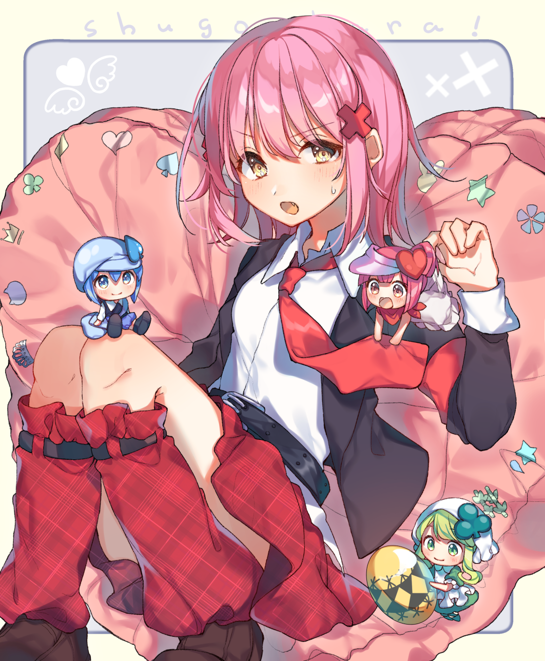 4girls blue_eyes blue_hair full_body green_eyes green_hair guardian_chara haruaya heart&#039;s_egg_(shugo_chara!) highres hinamori_amu long_hair looking_at_viewer medium_hair miki_(shugo_chara!) multiple_girls orange_eyes pink_hair ran_(shugo_chara!) school_uniform seiyo_academy_school_uniform short_hair shugo_chara! suu_(shugo_chara!) yellow_eyes