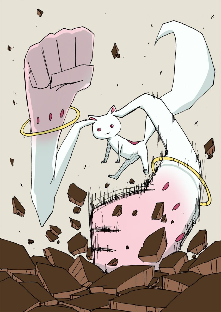 10s broken_ground debris highres karu_(ishiken) kyubey mahou_shoujo_madoka_magica mahou_shoujo_madoka_magica_(anime) no_humans solo