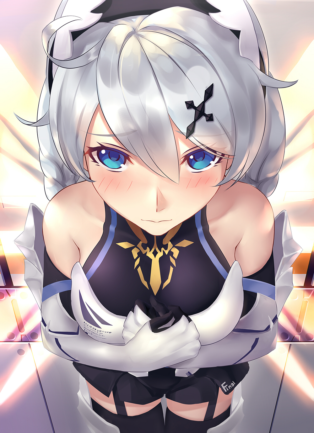 1girl bare_shoulders blue_eyes blush braid elbow_gloves female_focus from_above garter_straps gloves hairband hand_on_own_chest highres honkai_(series) honkai_impact_3rd ian_wang kiana_kaslana kiana_kaslana_(knight_moonbeam) lips long_hair looking_up solo thighhighs twin_braids