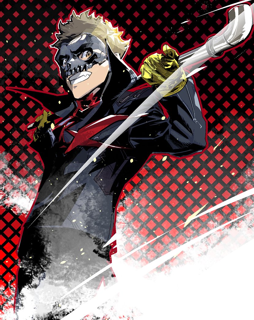 1boy black_jacket black_mask black_pants blonde_hair cofffee cowboy_shot eye_mask fang gloves grin high_collar holding holding_lead_pipe holding_weapon jacket lead_pipe long_sleeves looking_at_viewer male_focus mask pants patterned_background persona persona_5 red_scarf sakamoto_ryuuji scarf short_hair skull_mask smile solo teeth weapon yellow_eyes yellow_gloves