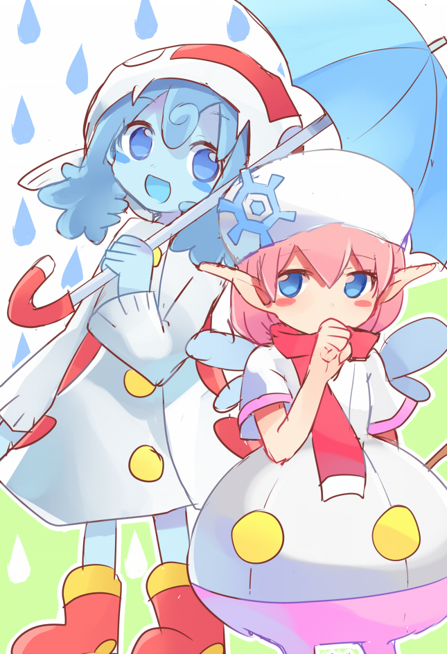 2girls aqua_hair blue_eyes blue_skin blush_stickers colored_skin fairy_wings fish_hat frau_(puyopuyo) green_background hair_between_eyes hat hat_ornament head_tilt holding holding_umbrella long_hair long_sleeves looking_at_another monster_girl multiple_girls open_mouth pink_hair pocket pointy_ears puyopuyo puyopuyo_quest red_footwear red_scarf scarf shirt shoes short_sleeves slime_girl smile snowflake_hat_ornament snowflakes umbrella undine_(puyopuyo) water_drop white_background white_headwear white_shirt wings xox_xxxxxx