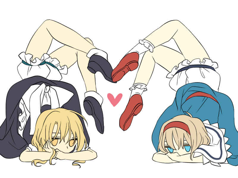 2girls alice_margatroid blonde_hair bloomers blue_eyes couple hairband heart heart_legs_duo kirisame_marisa long_hair multiple_girls no_headwear short_hair simple_background touhou tsuno_no_hito underwear white_background white_legwear yellow_eyes yuri