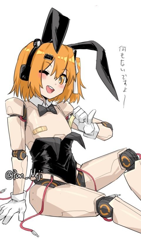 1girl a.i._voice adachi_rei alternate_costume android animal_ears arm_support bandaid bandaids_on_nipples black_bow black_bowtie black_leotard blush bow bowtie cable commentary_request detached_collar gloves hand_up headlamp headphones joints knee_up leotard looking_at_viewer nejikyuu no_nipples one_eye_closed open_mouth orange_eyes orange_hair oversized_breast_cup pasties pinky_out playboy_bunny rabbit_ears removing_bandaid robot_joints short_hair simple_background sitting smile solo strapless strapless_leotard translation_request twitter_username utau white_background white_gloves