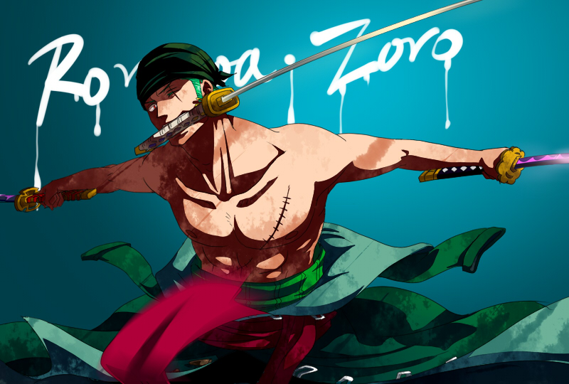 1boy abs bandana character_name chinese_commentary collarbone commentary commentary_request earrings eilinna english_commentary facial_scar green_bandana green_hair holding holding_sword holding_weapon jewelry katana male_focus mixed-language_commentary mouth_hold multiple_swords one_piece roronoa_zoro scar scar_across_eye scar_on_cheek scar_on_face short_hair single_earring solo sword topless_male triple_wielding weapon