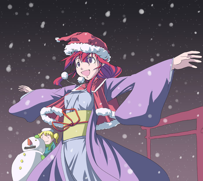 2girls breasts female_focus gloves hat kitashirakawa_chiyuri kotohime_(touhou) multiple_girls phantasmagoria_of_dim.dream purple_eyes rebanira red_hair snow snowman torii touhou touhou_(pc-98)