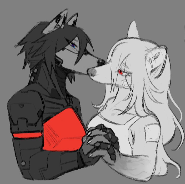 2girls android ariane_yeong bandaid bandaid_on_cheek bandaid_on_face bandaid_on_shoulder black_hair blue_eyes camisole dog_girl elster_(signalis) furrification furry furry_female furry_with_furry grey_background kiss long_hair multiple_girls nekoyashiki911 red_eyes short_hair signalis simple_background white_camisole white_hair yuri