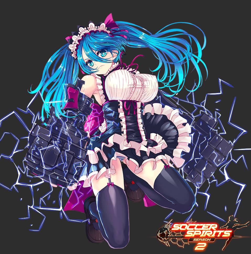 1girl angry black_background black_thighhighs blue_eyes blue_hair breasts covered_erect_nipples electricity female_focus garter_straps hair_ribbon jpeg_artifacts large_breasts long_hair looking_at_viewer maid_headdress matching_hair/eyes mechanical_arms raklet_(soccer_spirits) reason_(ficafe) ribbon serin199 simple_background single_mechanical_arm soccer_spirits solo thighhighs twintails