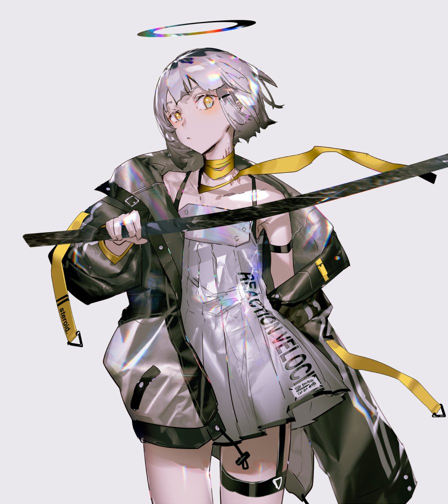 1girl dress flat_chest halo holding holding_sword holding_weapon jacket looking_to_the_side original shiranori short_hair solo sword weapon white_dress white_hair yellow_eyes