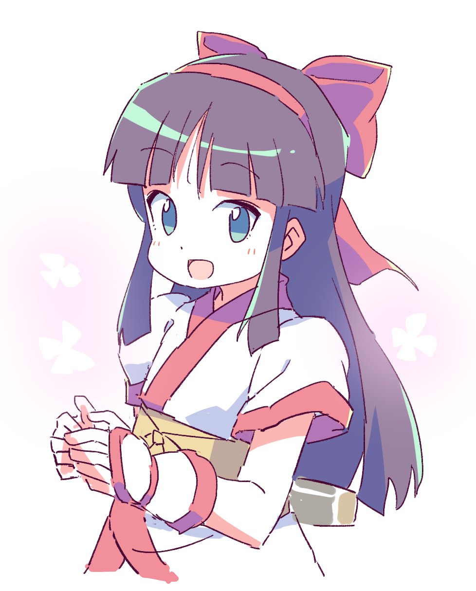 1girl :d black_hair blush bow commentary_request green_eyes hair_bow hairband highres japanese_clothes kimono long_hair looking_at_viewer nakoruru obi open_mouth red_bow red_hairband roku_no_hito samurai_spirits sash short_sleeves smile solo very_long_hair white_kimono wrist_guards