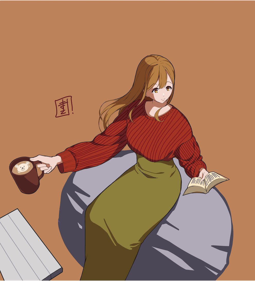 1girl book breasts brown_background brown_eyes brown_hair closed_mouth coffee coffee_mug cup green_skirt holding holding_book holding_cup kunikida_hanamaru large_breasts long_hair long_skirt love_live! love_live!_sunshine!! masake_(lettercase) mug open_book reading red_sweater simple_background sitting skirt smile solo sweater swept_bangs table wooden_table