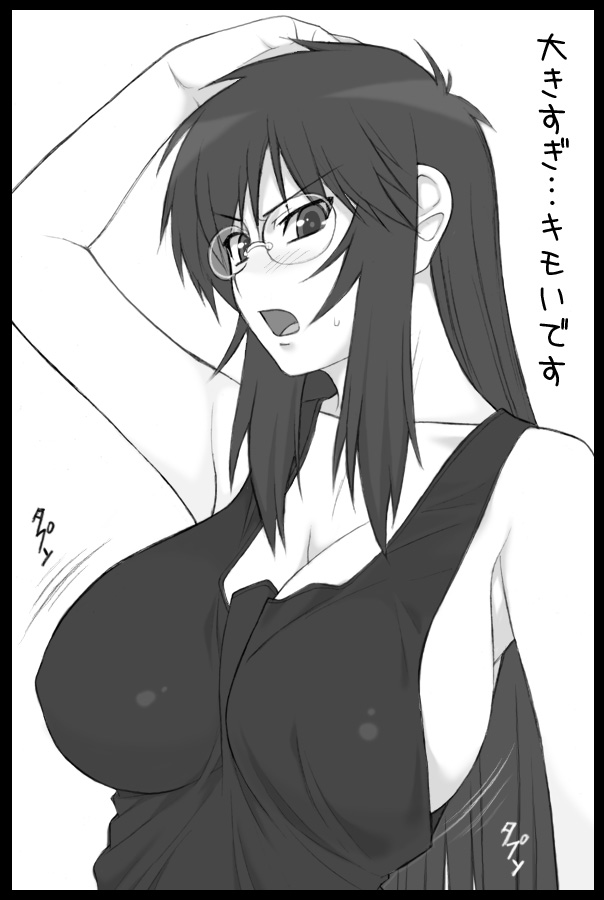 1girl arm_up armpits bare_shoulders black_border blush border bouncing_breasts breasts cleavage female_focus glasses greyscale hand_on_own_head huge_breasts large_breasts long_hair looking_at_viewer monochrome motion_lines no_bra open_mouth outside_border shichimenchou sideboob simple_background solo standing sweatdrop text_focus translation_request tsuyokiss upper_body white_background yashi_nagomi