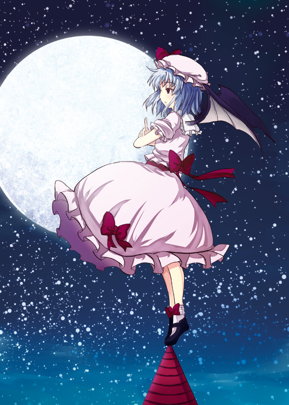 1girl bat_wings dress female_focus gin&#039;ichi_(akacia) ginichi hat moon night night_sky remilia_scarlet sky solo touhou wings