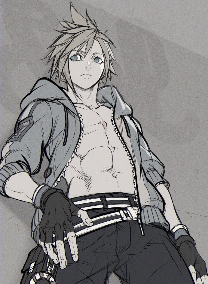 1boy abs belt cloud_strife cowboy_shot final_fantasy final_fantasy_vii fingerless_gloves from_below gloves grey_background greyscale hair_between_eyes hand_on_own_hip hood hood_down hoodie kiki_lala looking_to_the_side male_focus monochrome muscular navel open_clothes open_hoodie pants pectorals short_hair sleeves_rolled_up solo spiked_hair square_enix