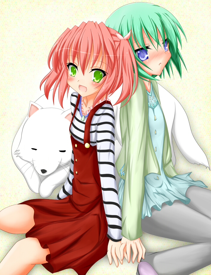 00s back-to-back blue_eyes cherry_(lucky_star) dog green_eyes green_hair iwasaki_minami kobayakawa_yutaka lucky_star red_hair short_hair t_(dyuhuhudyukusi) twintails