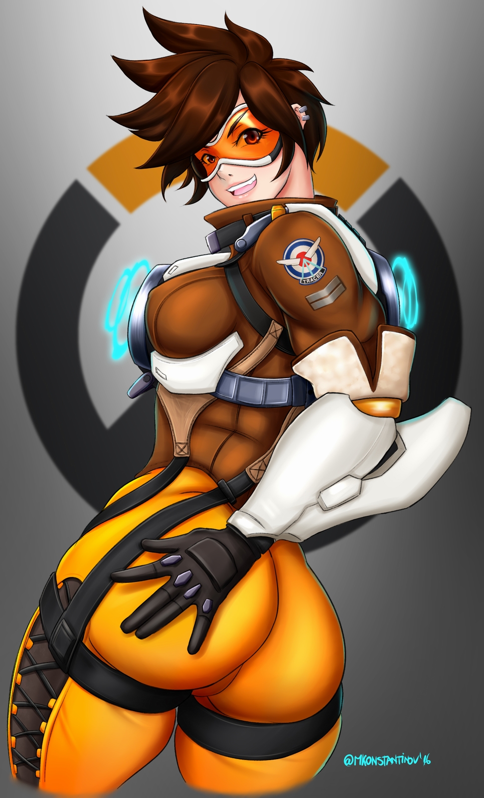 1girl ass bodysuit breasts brown_eyes brown_hair cameltoe fang female_focus from_behind gloves goggles hand_on_ass highres huge_ass jacket large_breasts looking_at_viewer mkonstantinov open_mouth overwatch overwatch_1 short_hair sideboob skin_tight smile solo tracer_(overwatch)