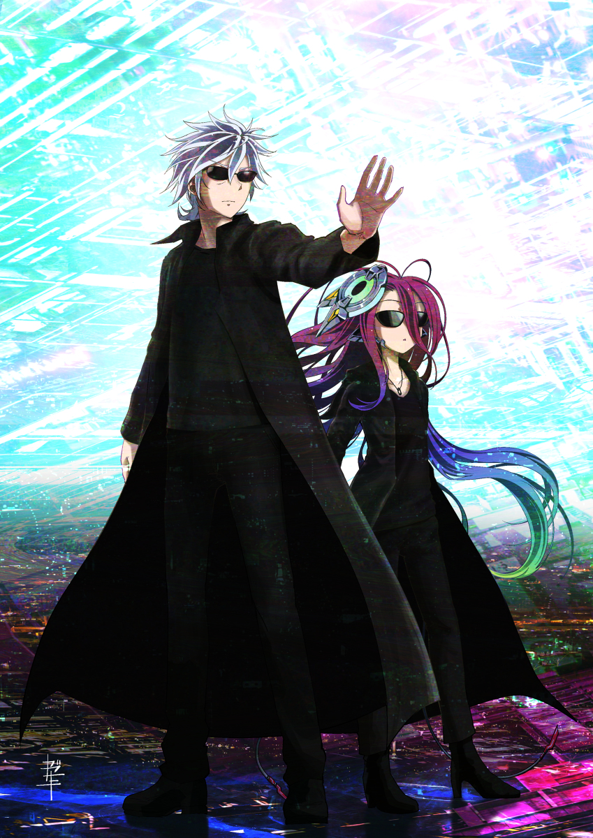 1boy 1girl android black_jacket couple high_heels highres jacket jewelry multicolored_hair no_game_no_life no_game_no_life_zero pendant purple_hair riku_(no_game_no_life) ring robot_girl shuvi_(no_game_no_life) sunglasses the_matrix wedding_band