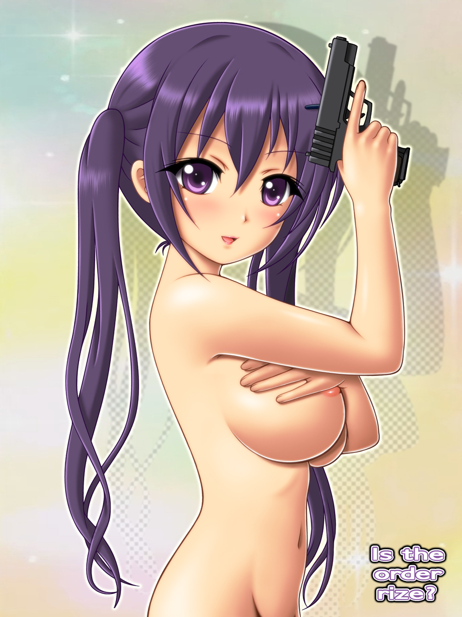 1girl areola_slip breasts covering_breasts covering_privates female_focus gochuumon_wa_usagi_desu_ka? gun highres kimuti-g large_breasts long_hair looking_at_viewer navel nude open_mouth purple_eyes purple_hair solo tedeza_rize twintails weapon