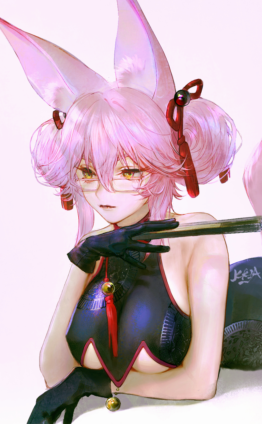 1girl animal_ear_fluff animal_ears black_gloves breasts china_dress chinese_clothes double_bun dress fate/grand_order fate_(series) fox_ears fox_girl fox_tail glasses gloves hair_between_eyes hair_bun highres kkia koyanskaya_(chinese_lostbelt_outfit)_(fate) koyanskaya_(fate) large_breasts pink_hair simple_background solo tail tamamo_(fate) underboob white_background yellow_eyes