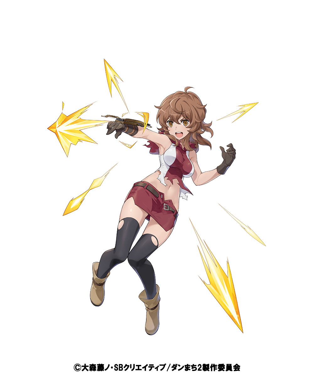 1girl ahoge aiming armed_crossbow bare_shoulders belted_skirt black_thighhighs bow_(weapon) brown_footwear brown_hair commentary_request copyright_notice crossbow dungeon_ni_deai_wo_motomeru_no_wa_machigatteiru_darou_ka full_body gloves highres hood hood_down hooded_shirt liliruca_arde medium_hair microskirt midriff official_art open_mouth outstretched_arm phantom_of_the_kill red_hood red_shirt red_skirt second-party_source shirt simple_background skirt sleeveless sleeveless_shirt solo teeth thighhighs torn_clothes torn_shirt two-tone_shirt upper_teeth_only weapon white_background white_shirt yellow_eyes zettai_ryouiki